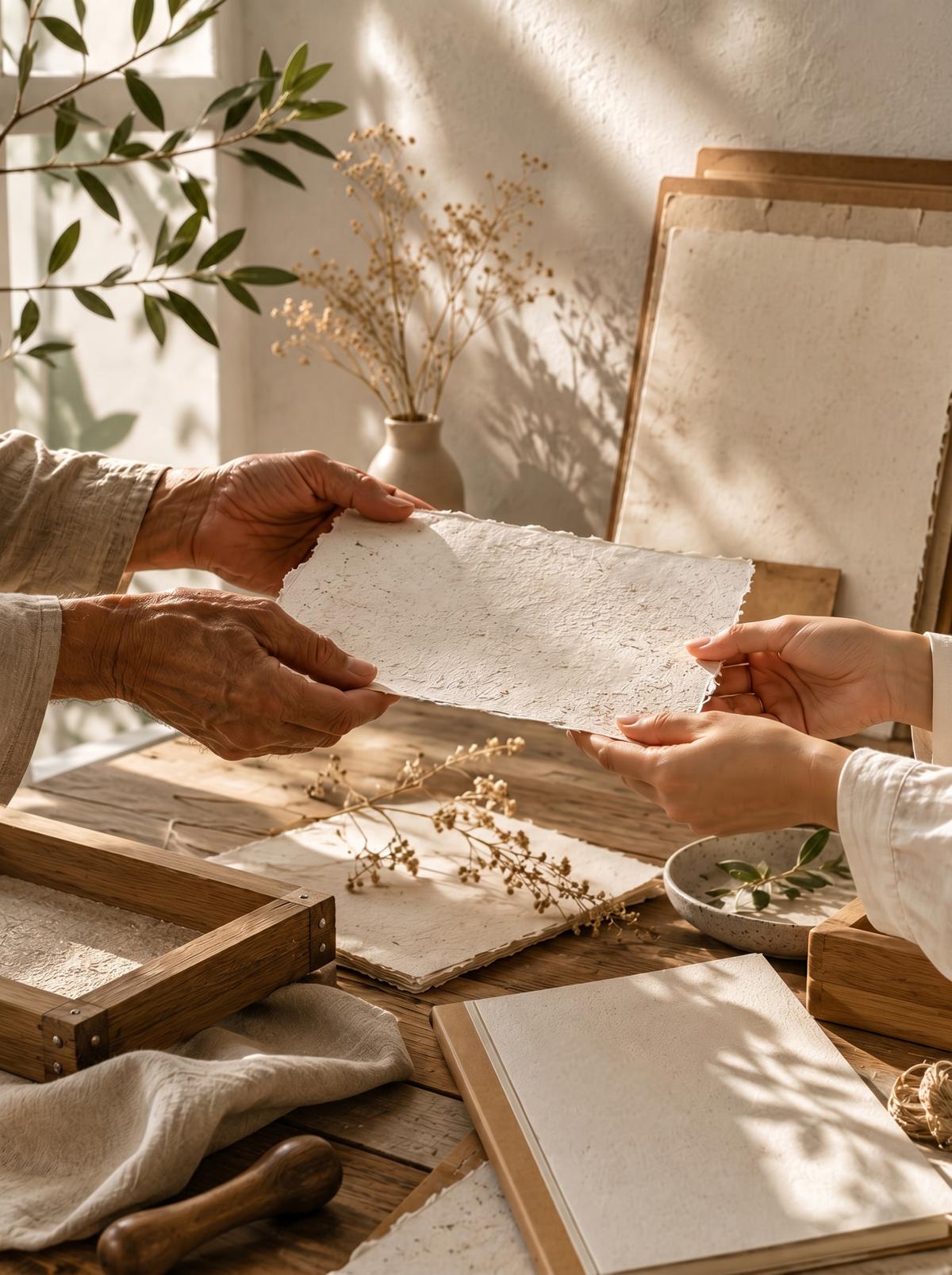 Artisan hands feeling raw unwhitened paper