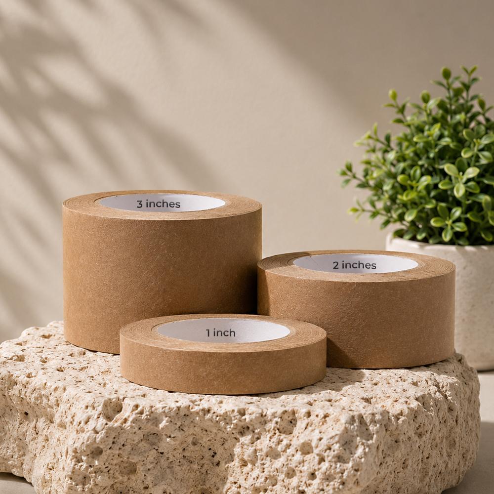 EkoScrib kraft paper packaging tape rolls, 1 inch and 2 inch widths